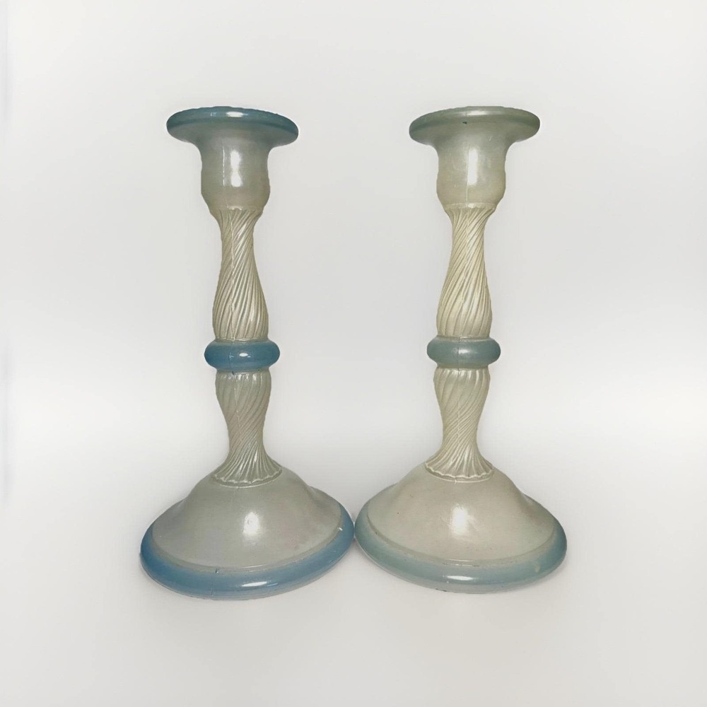 Vintage Tiffin Depression Glass Candlestick Holders Blue & Cream – 8.25" Swirl